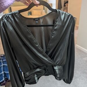 Express Olive Satin Surplice Wrap Blouse